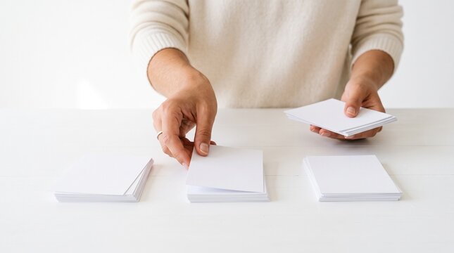 Hands organizing white note cards on a white surface. A person is shown from the chest down, wearing a cream-colored sweater