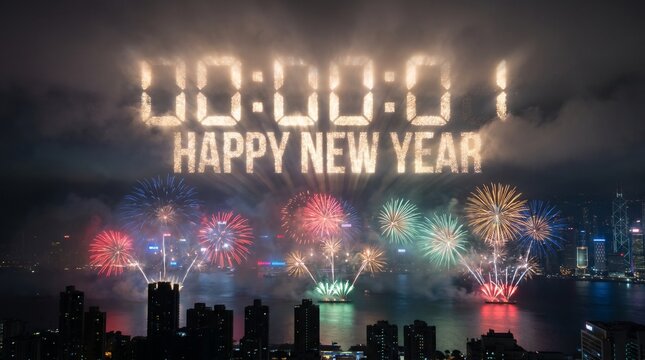 Happy new year greeting rendered in glowing digital clock numbers above a vibrant city fireworks show.