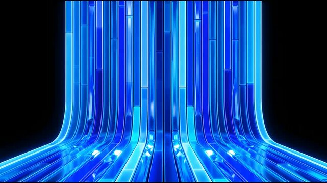 Glowing blue glass ribbons flowing in a 3D abstract motion background