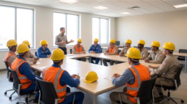 Professional construction safety training session with workers in orange vests and yellow hard hats listening to instructor in a bright office conference room for corporate seminar