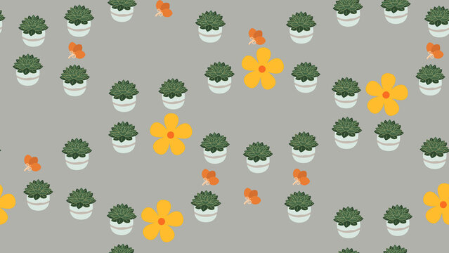 Pattern of potted succulents, yellow flowers, and butterflies