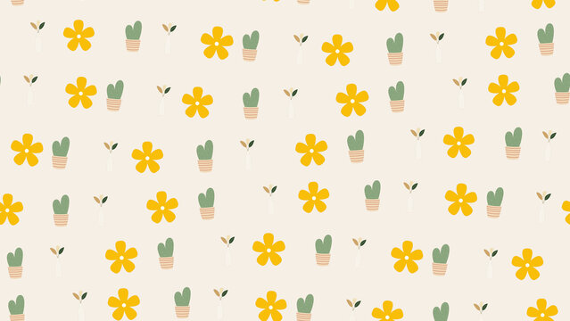 Seamless pattern of yellow flowers and potted plants