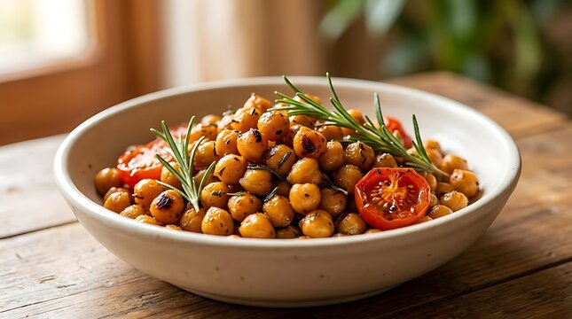 Roasted chickpeas with cherry tomatoes and fresh rosemary in a ceramic bowl on a rustic wooden table