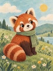 Obraz premium Cute red panda in scarf amid a sunny mountain meadow