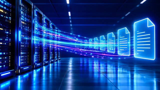 Digital document icons floating in server room with glowing blue and purple light trails representing fast data transfer