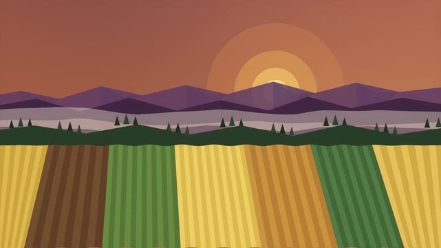 Pixel art sunset landscape with mountains, fields, valley, sun, nature