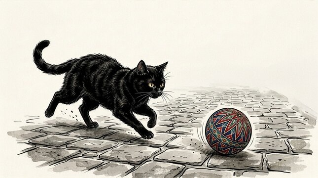 水墨画風イラスト_鞠を追いかける黒猫