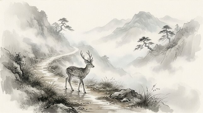 水墨画風イラスト_霧の山道を進む鹿