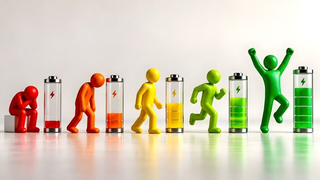 Battery charging level concept with 3d figures transforming from low energy red to full energy green