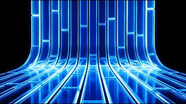 Glowing blue glass tiles moving in a continuous digital abstract background