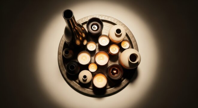 Aromatic Spa Tray with Candles and Vases Zen Relaxation Cozy Atmosphere Top View