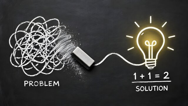 Lightbulb drawing on chalkboard resolving a messy tangled line representing clear solution to problem