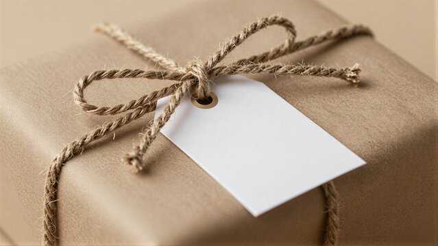 Brown gift wrapped with twine and blank tag, cozy and thoughtful.