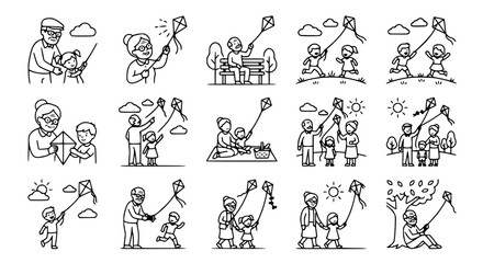 Fototapeta premium Happy Family Flying Kites Outdoors, Set of Line Art Icons