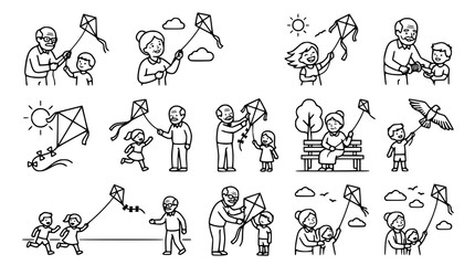 Fototapeta premium Family Flying Kites Together, Outdoor Activities, Summer Fun, Isolated