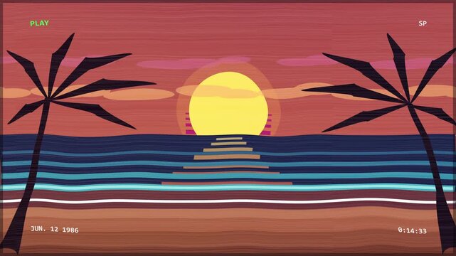 Pixel art sunset beach animation featuring palm trees, ocean waves, and vintage retro aesthetic for retro game background and loop animation