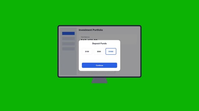 Computer screen showing investment portfolio dashboard exporting data to JSON format on green screen background.