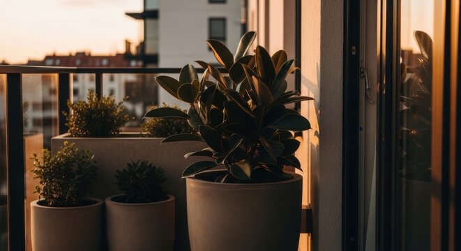 Balcony Garden Oasis at Sunset Potted Plants and Cityscape View