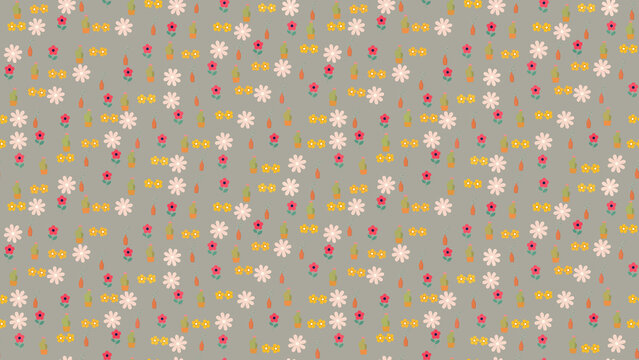 Seamless pattern of small flowers, cacti, and vases