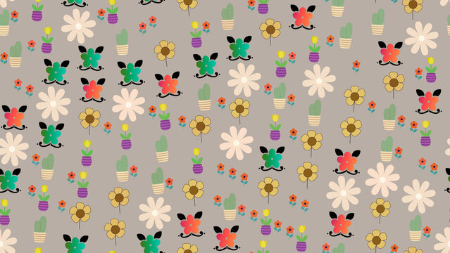 Stylized potted plants and flowers pattern