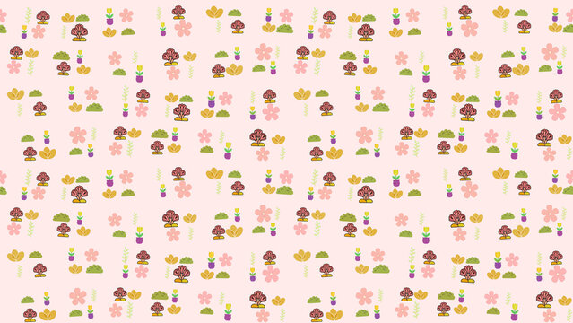 Stylized potted plants and flowers pattern