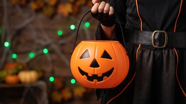 Person in black costume holding an orange plastic jack o lantern candy bucket for trick or treat on a blurred background with green bokeh lights