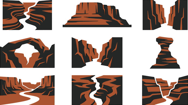 Desert canyon landscape flat icon set featuring grand canyon valley arches butte structures and red rock vectors