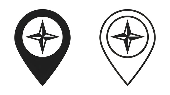 Minimalist compass rose location pin icons