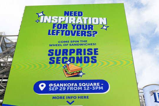 large-format digital ad for "Surprise Seconds," a collaborative pop-up event hosted by Ziploc and Too Good To Go, at Sankofa Square, Toronto