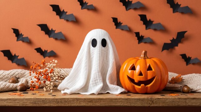 White ghost figure made of fabric with black eyes standing next to an orange carved jack o lantern pumpkin on a wooden table with black paper bats on a solid orange wall background
