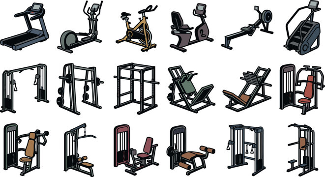 Gym fitness equipment cardio strength machines icons set treadmill elliptical bike rowing squat rack press vector illustration isolated workout training center