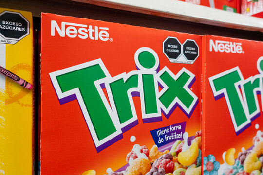 Trix cereal box, by USA's General Mills, displayed on supermarket shelves. Jalisco, Mexico, July 20, 2026.