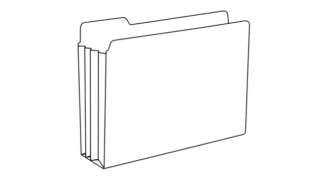 Black outline vector icon of a tall expanding manila file folder with side gussets and stepped tab drawn with thin lines in centred three-quarter view for secure document archiving needs