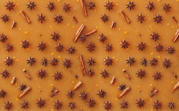 pattern of star anise and cinnamon sticks on caramel background for autumn designs, holiday baking packaging and festive stationery