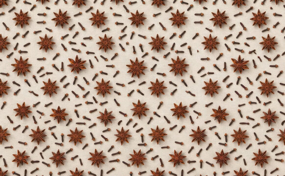 pattern with star anise and cloves arranged on a light background, culinary texture for spice packaging and holiday baking design concepts