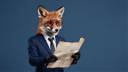 Fototapeta premium Fox in suit and glasses reads blueprint, professional demeanor against blue backdrop.