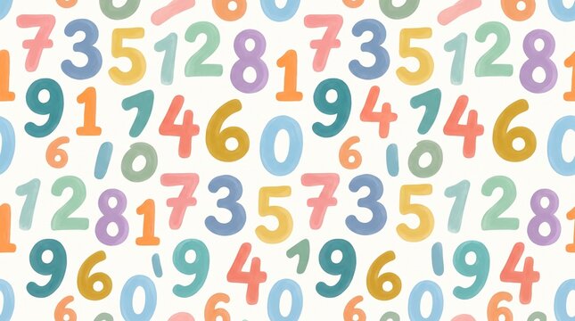Seamless pattern featuring a playful assortment of colorful, hand-drawn numbers scattered randomly on a light background, ideal for children's educational materials or decorative designs.