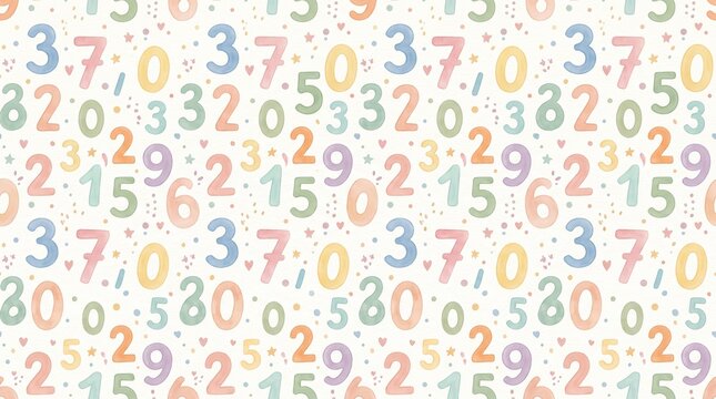 Seamless pattern of colorful pastel numbers and small hearts on a light background, ideal for children's designs or educational themes.