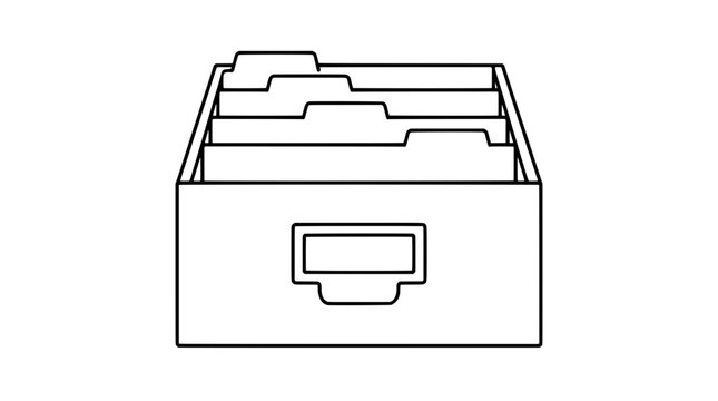Black outline vector icon of a rectangular file box with label frame plus four upright tabbed dividers inside drawn with medium lines in centered frontal composition stressing organized separation