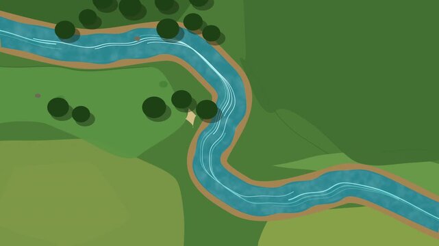 Pixel river animation, loop, landscape, nature, water, flow, green, trees, map, game
