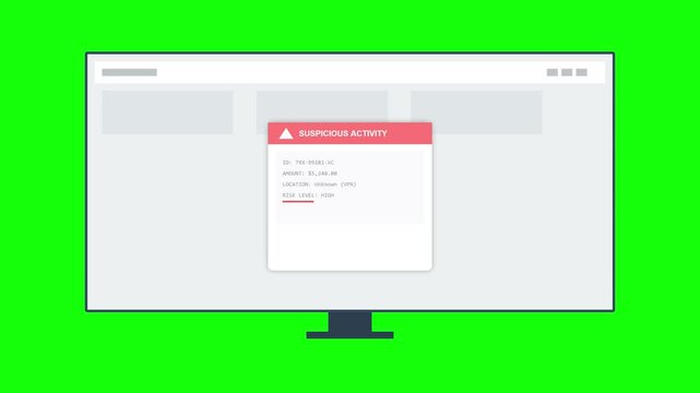 Cyber security alert warning popup window on computer screen with green screen chroma key.