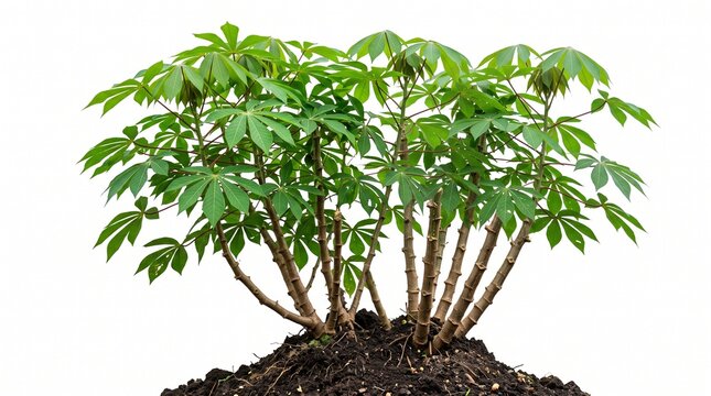 A vibrant green cassava plant with multiple stems growing in dark soil against a clean white background, showcasing its lush foliage.