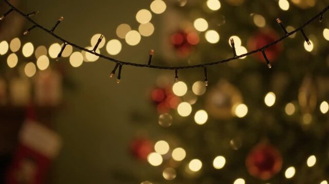 Cinematic Close Up of Warm Fairy Lights with Blurred Christmas Tree and Festive Bokeh Background