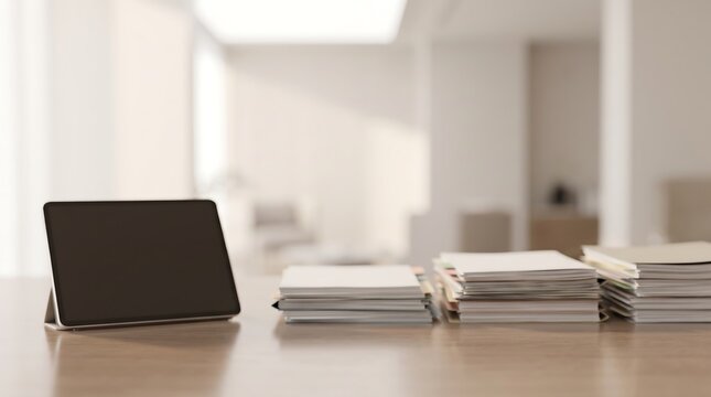 Close up of black empty digital tablet on wooden office desk next to stack of white paper documents in blurred bright modern workspace for business report and corporate presentation mockups