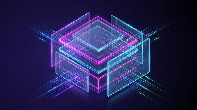 Glowing isometric glass cube with neon pink and blue circuit patterns provides a futuristic digital background for software interfaces, tech marketing, and data security presentations.