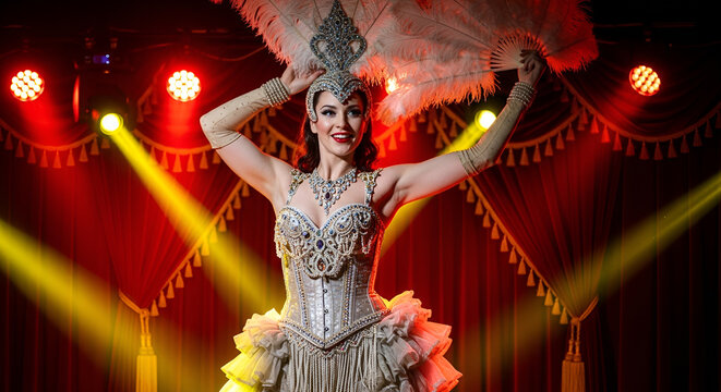 Burlesque dancer in a glamorous costume with feathers performing on a stage under theatrical lights