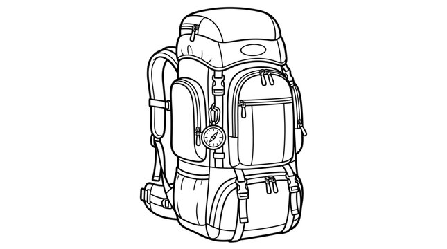 Large sturdy backpack coloring page, black and white line art with clean bold outlines to color for adults and kids