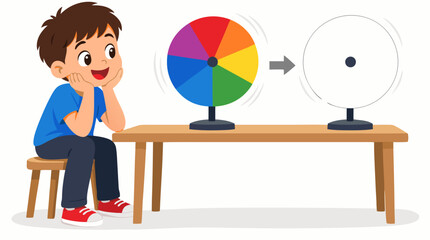 Obraz premium Vector illustration of a curious young boy sitting on a wooden stool with chin propped on both hands while observing a spinning rainbow color wheel blend into white during a science experiment
