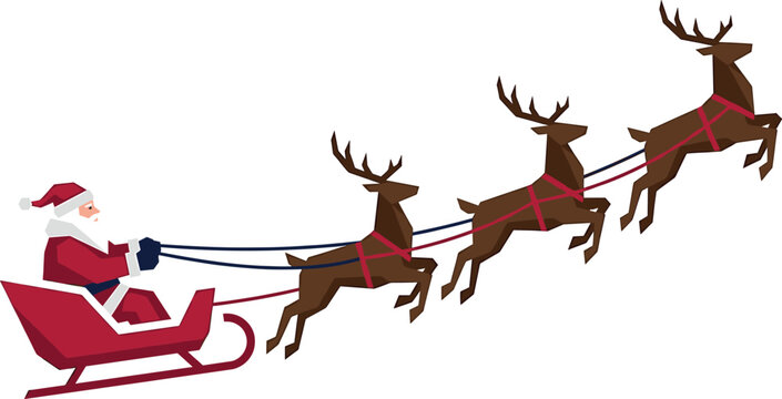 Minimalist Christmas flat vector illustration featuring Santa Claus riding red sleigh pulled by flying reindeer team