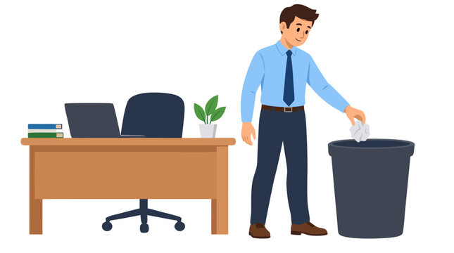 Decisive businessman in blue shirt dropping crumpled paper into office trash bin beside wooden desk with laptop books and plant flat vector illustration of declutter decision and office waste